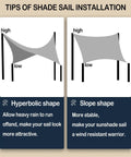 Tips for installing Rectangle Sun Shade Sail 10 By 13 Feet Permeable Canopy, showing hyperbolic and slope shapes for stability.