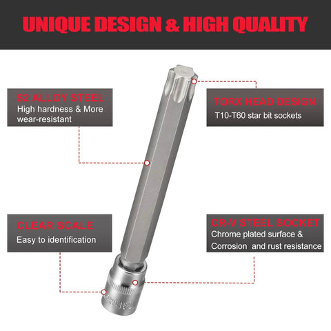 Long Reach 3/8 Inch Torx Bit Socket Set T10-T60 S2 Alloy Steel Cr-V Steel Socket with clear scale for easy identification