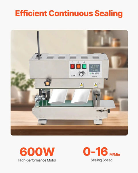 Heavy Duty Continuous Bag Band Sealer Machine With Digital Temp Control And Tough As Nails Stainless Steel Build on a countertop with two bags.