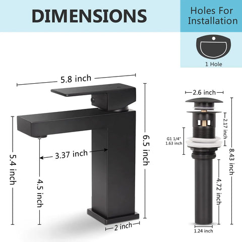 Matte Black Bathroom Faucet With Solid Brass Construction Single Lever Vanity Faucet Lead Free Includes Pop Up Drain And Water Supply Hoses No Hassle Install For Modern Bathroom Remodel And Renovation; shown with dimensions and installation details.
