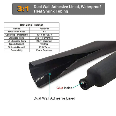 3:1 dual wall heat shrink tubing for heavy duty battery lugs and ring terminals, adhesive lined in black with material specs shown