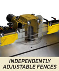 Rock Solid Shop Beast Five Horsepower Spindle Shaper With Massive Cast Iron Bed Digital Depth Gauge showcasing adjustable fences.