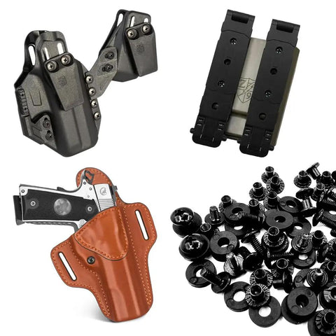 Solid Bang For Your Buck 96 Piece Black Chicago Screw Kit With 8 32 Thread Phillips Truss Screws Heavy Duty Slotted Insert Nuts Rubber Spacers components including holsters and fasteners.