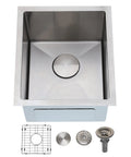 Stainless Steel Undermount Bar Sink For RV And Small Kitchen 15 By 17 Inch Single Bowl With Brushed Nickel Finish Quiet Dampening 3mm Rubber Pads Bottom Rinse Grid Basket Drain Strainer No Hassle Install with accessories