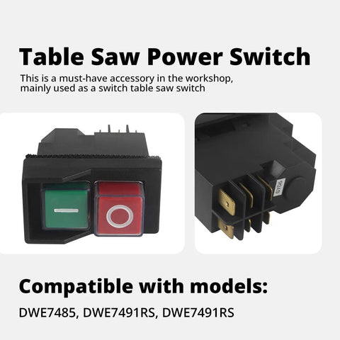 Table Saw Switch Replacement N603746 For Dewalt Models DWE7485 DWE7491RS And More Pro Grade Power Tool Safety Switch Upgrade For Shops And Home Woodworking black on-off switch, front and side view