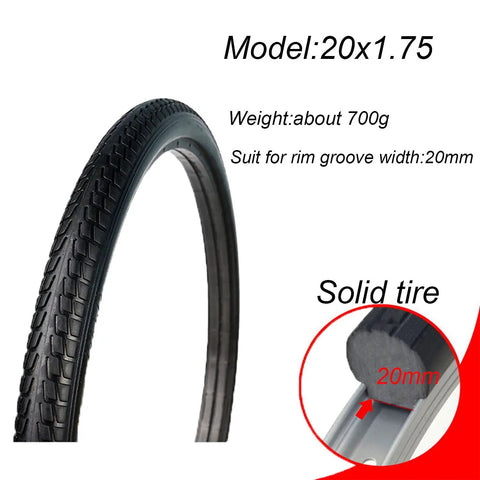 Solid Airless Bike Tire 20x1.75 No Pump Needed Inflation Free Puncture Proof Anti Slip For Road BMX Kids Bikes Easy Rim Clamp Install 20 Inch Replacement For Everyday Riding shown side view with 20mm rim detail.