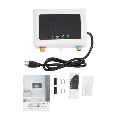 No Sweat Instant Tankless Water Heater Featuring Straight Up 3000W Heating Elements, Crisp Digital Temp Display on white unit.