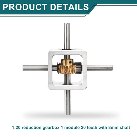 90 Degree Right Angle Worm Gearbox with 1 to 20 Reduction, 1 Module 20 Teeth, 8mm Shaft, Aluminum Frame