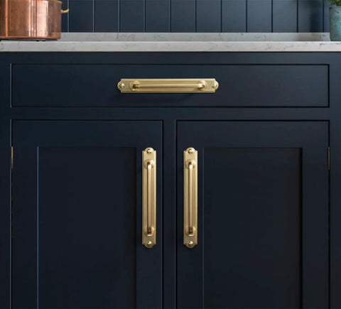 7.56 Inch Cabinet Handles In Brushed Brass, Sleek Dope Solid Zinc Alloy Drawer Pulls with Backplate on kitchen cabinets