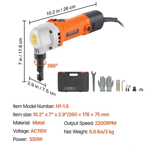 Heavy Duty Sheet Metal Nibbler 550W Electric Cutter with accessories and 360-degree rotation feature for versatile cutting.