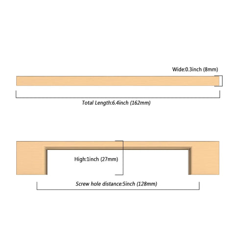 Diagram of Six Pack 5 Inch Champagne Bronze Cabinet Handles For Kitchen Cabinets And Drawers, showcasing dimensions and sleek design.