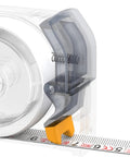 Close-up of self locking tape measure pocket size retractable dual unit feet meters gadget showing mechanism and tape markings.