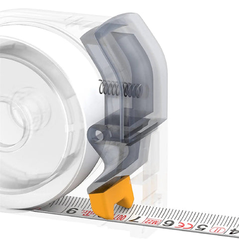 Close-up of self locking tape measure pocket size retractable dual unit feet meters gadget showing mechanism and tape markings.