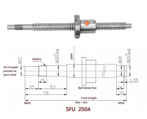 Diagram and photo of 25mm CNC Ballscrew Kit SFU2504 RM2504 Anti Backlash With 2750mm Length Nut BK BF20 End Blocks Coupler Nut