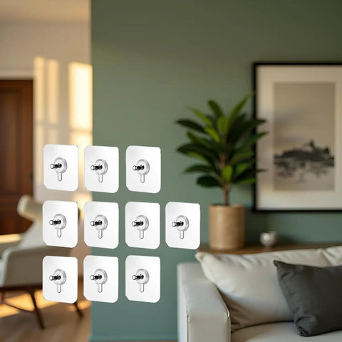 No Drill Wall Hooks Heavy Duty Adhesive Hangers For Kitchen, Bathroom And Home, Damage Free Picture Hanging, 10 Pack With Removable Non Marking Tape, wall hook set on living room wall