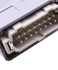 Close-up of beige control box replacement with a multi-pin connector for Skyjack SJIII scissor lifts.