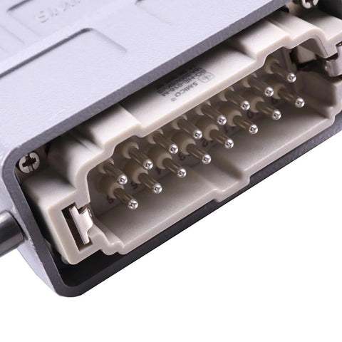 Close-up of beige control box replacement with a multi-pin connector for Skyjack SJIII scissor lifts.