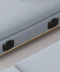 Close-up of Beefy 4 Piece Sectional Sofa Connector Brackets Black Iron Heavy Duty Couch Connecting Clamps on gray sectional