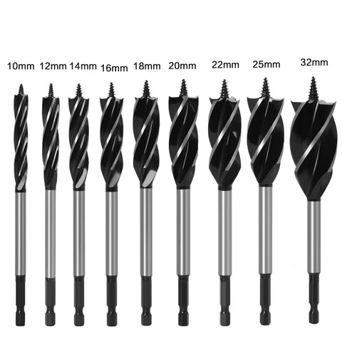 Heavy Duty Twist Drill Bit Set With Fast Cut Auger Tips Built Like A Tank For Woodworking Craftsmanship 10 to 32mm sizes for precise drilling.