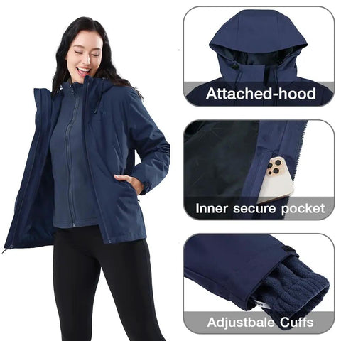 Woman wearing 3 In 1 Winter Ski Jacket With Fleece Liner, Waterproof Outer Shell And Windproof Inner Layer, showing hood and pocket details