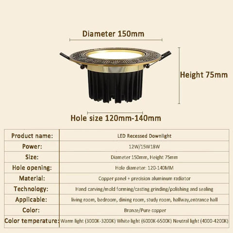 12 Pack 5.9 In Recessed LED Downlights Featuring Hand Carved Brass Trim For No Glare Performance Dimmable Circuitry Allows You To Dial In Perfect Ambiance, showing dimensions and specifications.
