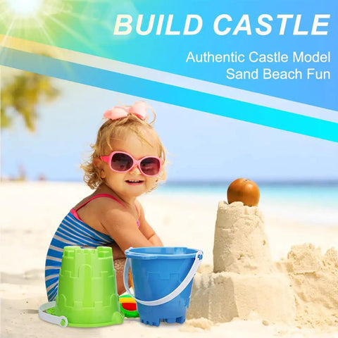 Child playing with Castle Beach Toy Set For Kids 3 Pack 7 Inch Sand Buckets Pails Water Pool Garden Bath Thick ABS Plastic Durable Sandcastle Buckets