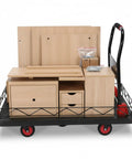 2-in-1 Folding Flatbed Cart With Removable Cage, Heavy Duty Platform Truck For Home And Workshop, Built To Haul Big Loads, Quick Switch To Flat Cart For Bulky Items, Durable PP And Steel Construction, loaded with wood furniture parts