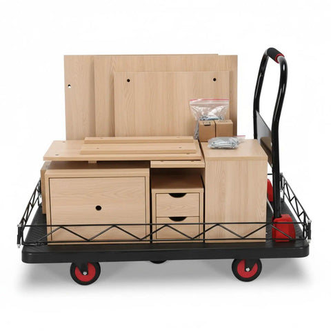 2-in-1 Folding Flatbed Cart With Removable Cage, Heavy Duty Platform Truck For Home And Workshop, Built To Haul Big Loads, Quick Switch To Flat Cart For Bulky Items, Durable PP And Steel Construction, loaded with wood furniture parts