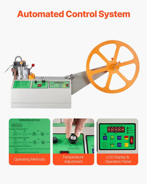 Pro Grade Automatic Webbing Cutting Machine with Adjustable Temperature and LCD Display, control system and panels close-up