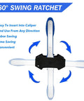 Brake Caliper Press Tool With 360 Degree Swing Ratchet Piston Spreader And 2 Extra Steel Plates Heavy Duty Caliper Compression Tool With Caliper Hangers For Cars SUVs And Trucks displayed with 360° pivot feature.