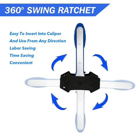 Brake Caliper Press Tool With 360 Degree Swing Ratchet Piston Spreader And 2 Extra Steel Plates Heavy Duty Caliper Compression Tool With Caliper Hangers For Cars SUVs And Trucks displayed with 360° pivot feature.