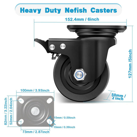 Dead Tough 4 Inch Heavy Duty Casters Set Of 4, 7000 Lbs Load Capacity Swivel Plate Wheels With Reliable Locking Brake, side view with dimensions.