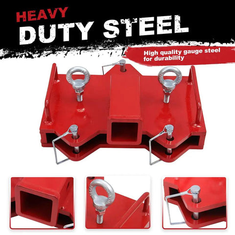 Heavy Duty Forklift Trailer Hitch Attachment With Dual 2 Inch Receiver Crafted From Rugged Steel, red steel with hooks.