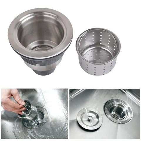 Three And A Half Inch Sink Drain Assembly Kit With Removable Deep Strainer Basket And Stopper Sealing Lid For Home Kitchen Stainless Steel Fits Most American Family And Commercial Sinks Durable 304 Stainless Construction Easy Clean Hassle Free showing strainer and lid