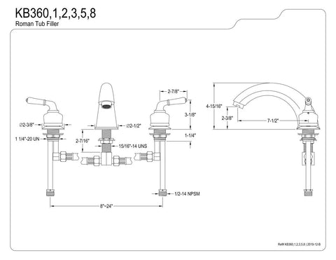 Technical drawing of Oil Rubbed Bronze Roman Tub Faucet With 8 To 24 Inch Adjustable Center Deck Mount For 3 Hole Tubs 7 GPM Spout Flow Brass Construction And Quarter Turn Washerless Cartridge Built To Last For Your Soaking Bath.