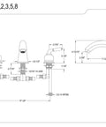 Technical drawing of Magellan Roman Tub Faucet in Brushed Nickel with 8-inch adjustable center, brass body, 7-3/4-inch spout reach.