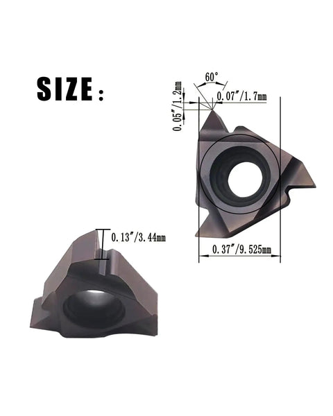 Close-up of 16ER AG60 carbide insert dimensions for Internal Threading Boring Bar And Lathe Threading Holder Kit.