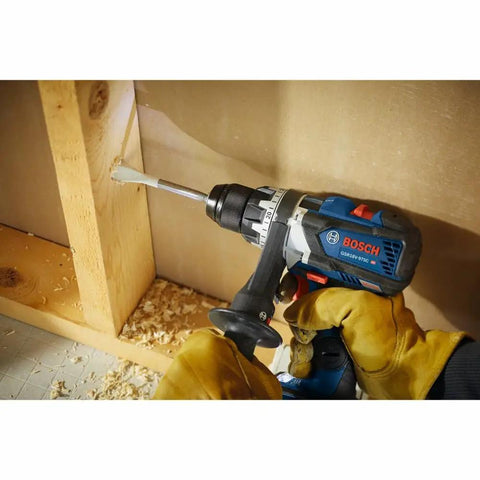 GSR18V-975CN 18V Brushless Drill Driver Bare Tool used for drilling wood with visible wood shavings