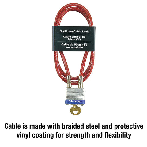 Steel Cable Lock With Integrated Outdoor Padlock And Key For Bikes, Outdoor Storage, And Gear, Braided Steel With Vinyl Coating