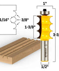 Pro Grade Molding And Trim Router Bit Set For Furniture With One And Three Eighths Inch Triple Bead And Triple Flute Moldings One Half Inch Shank For Table Mount Router Induction Brazed Tungsten Carbide Blades, showing 1-3/8 inch triple bead profile and 1/2 inch shank
