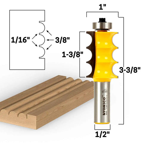 Pro Grade Molding And Trim Router Bit Set For Furniture With One And Three Eighths Inch Triple Bead And Triple Flute Moldings One Half Inch Shank For Table Mount Router Induction Brazed Tungsten Carbide Blades, showing 1-3/8 inch triple bead profile and 1/2 inch shank