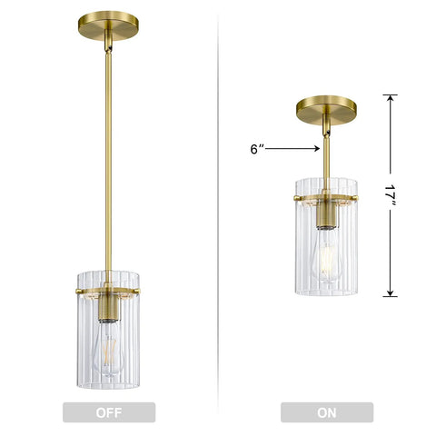 3 Pack Modern Gold Pendant Lights With 5.3 Inch Clear Glass Shades, Brushed Brass Finish, E26 Base, Dimmable With Optional Dimmer, Indoor Hanging Rod Fixtures Easy Install For Bar, Kitchen Island, Dining Room, Bedroom, shown with dimensions and off/on light comparison.