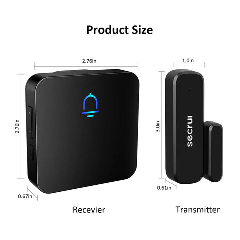 Wireless Door Chime Kit For Home And Office Doors Easy Install No Wiring Door Sensor Alerts When Doors Open And People Enter Battery Powered Stick On Installation No Fuss. product size chart showing receiver and transmitter dimensions