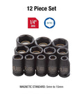 Quarter Inch Drive Magnetic Impact Socket Set, 12-Piece Metric 5mm To 15mm displayed with size markings, Cr-Mo alloy steel.