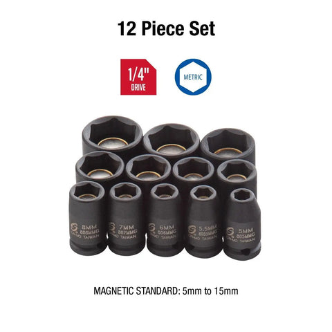 Quarter Inch Drive Magnetic Impact Socket Set, 12-Piece Metric 5mm To 15mm displayed with size markings, Cr-Mo alloy steel.