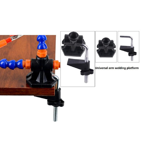 Six Flexible Arm Helping Hands Soldering Station With Silicon Clip Tips clamped on table, showing adjustable base.