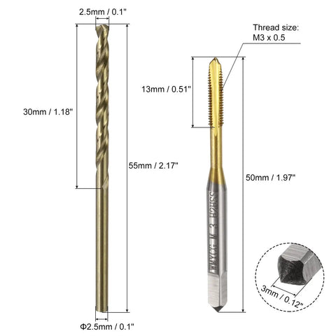 Metric Tap And Drill Bit Set Pro Grade With M3 X 0.5 Spiral Point Taps And 2.5mm Twist Drill Bits Titanium Coated Roasted Yellow