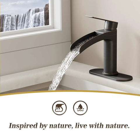 Oil Rubbed Bronze Waterfall Bathroom Sink Faucet With Single Handle 6 Inch Deck Plate Metal Pop Up Drain Assembly CUPC Water Supply Lines