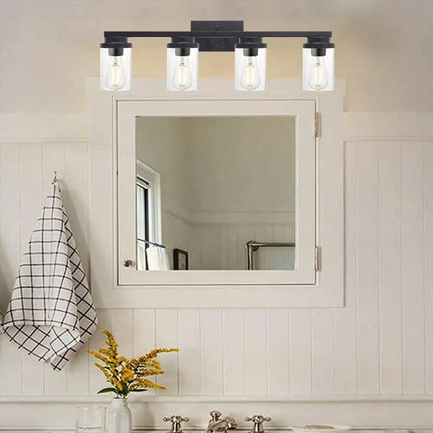 Four Light Vanity Light Fixture In Matte Black With Clear Glass Shades Dope Modern Industrial Wall Sconce Above Bathroom Mirror