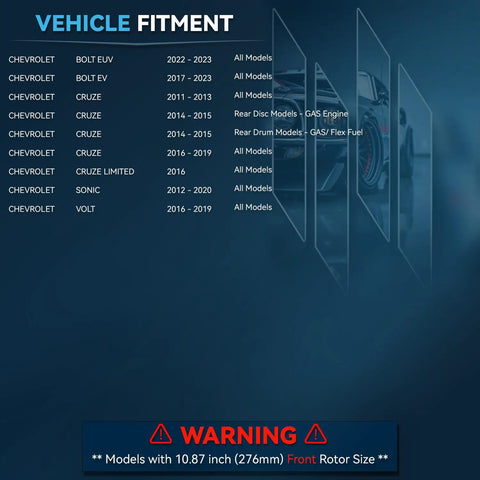 Vehicle fitment chart for Heavy Duty Front Disc Brake Rotors For Chevrolet Cruze And Bolt Ev Electric Models.